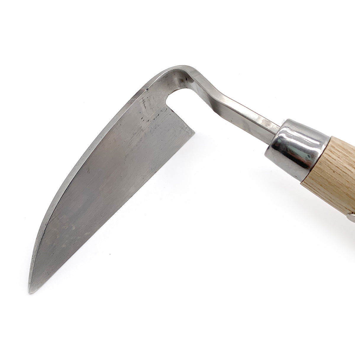 A garden hand hoe with an ash wood handle, genuine leather strap, and a stainless steel head.